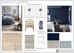 Sypialnia granatowa, Inspiracje moodboards projektowanie wnętrz. Projektant wnętrz Miśkiewicz Design