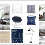 Nowoczesny salon akcent granatowy. Inspiracje moodboards projektowanie wnętrz. Projektant wnętrz Miśkiewicz Design