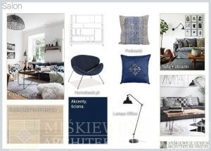 Nowoczesny salon akcent granatowy. Inspiracje moodboards projektowanie wnętrz. Projektant wnętrz Miśkiewicz Design