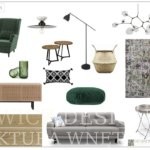 Salon Moodboard. Nowoczesny salon z&nbsp;akcentami butelkowej zieleni.