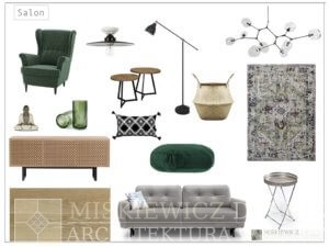 Salon Moodboard. Nowoczesny salon z&nbsp;akcentami butelkowej zieleni.